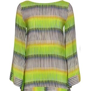 ALEXIS Neon Green Grey Yellow Print Bell Sleeve Tunic Dress Pockets 100% Silk XS